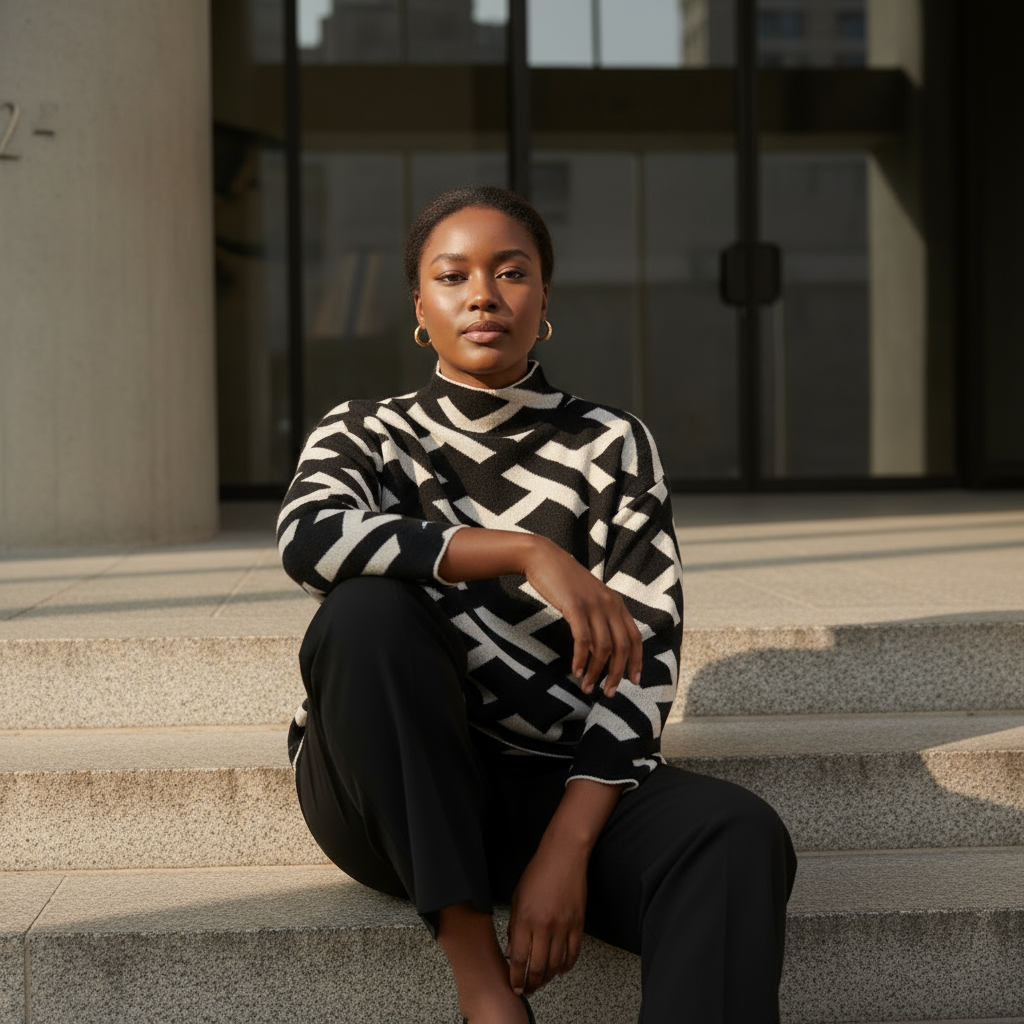 Woman sitting on steps wearing a black and white patterned sweater