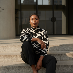 Woman sitting on steps wearing a black and white patterned sweater