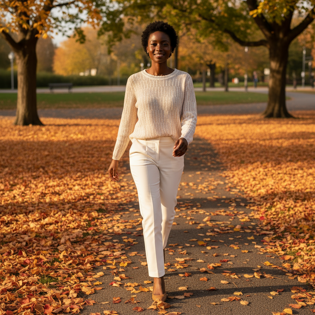 Woman walking on a path with autumn leaves in a park