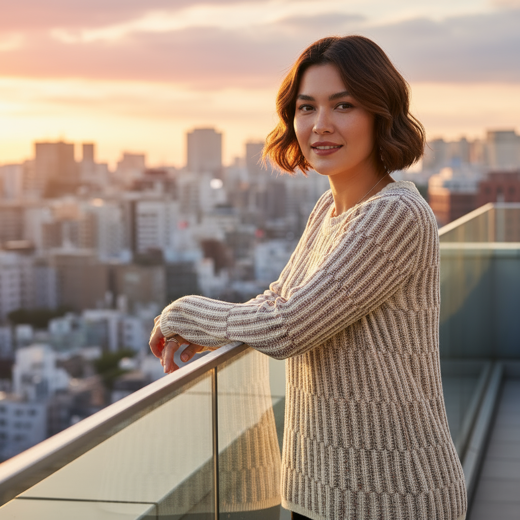 Woman standing on a rooftop with a cityscape in the background during sunset.