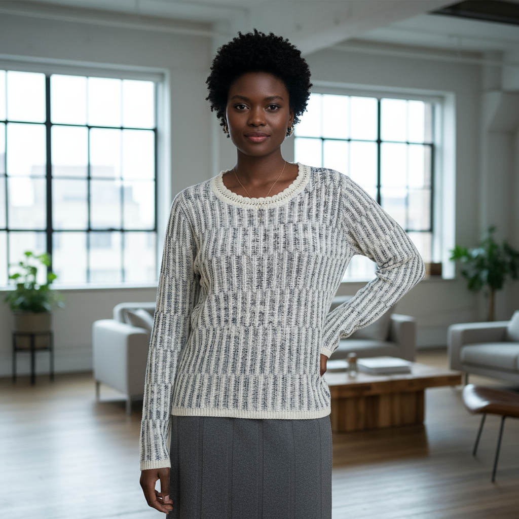 Woman wearing a patterned sweater in a modern living room