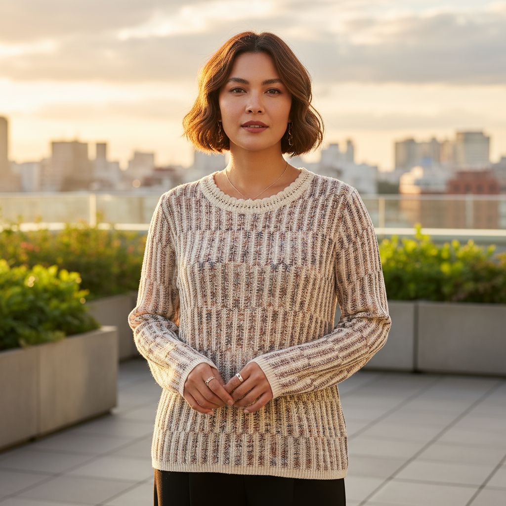 Woman wearing a patterned sweater on a rooftop with cityscape in the background