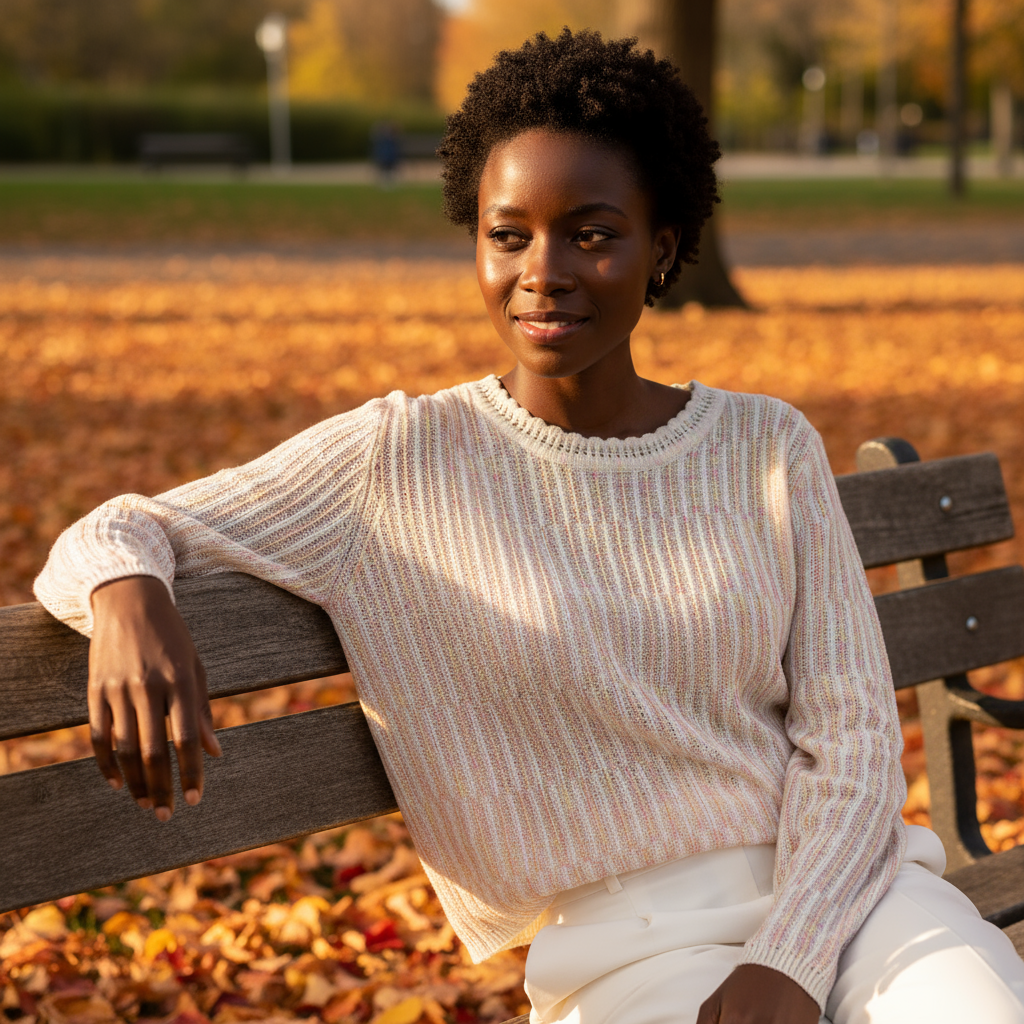 Woman sitting on a bench in a park with autumn leaves