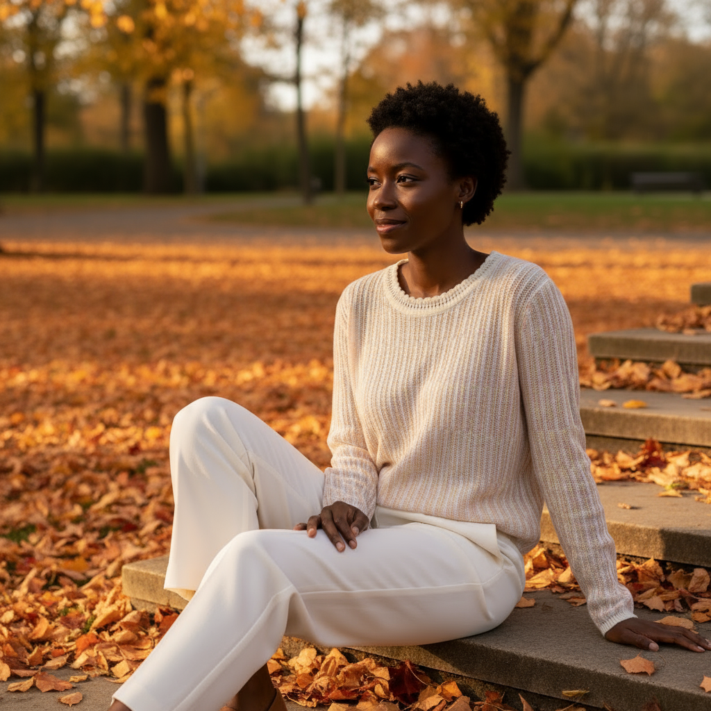 Woman sitting on a stone bench in a park with autumn leaves