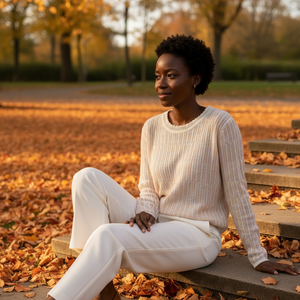 Woman sitting on a stone bench in a park with autumn leaves