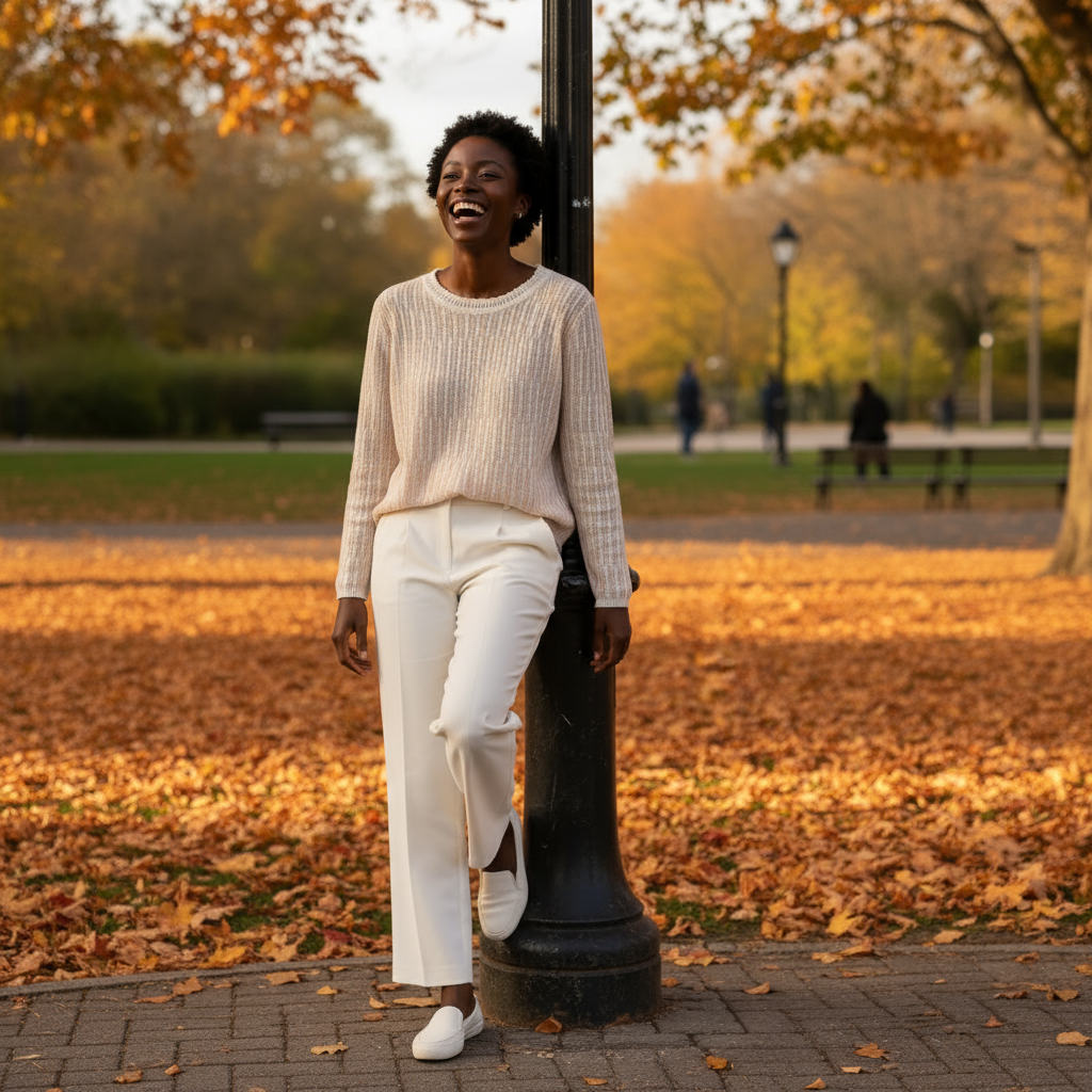 Woman standing in a park with autumn leaves and a lamppost