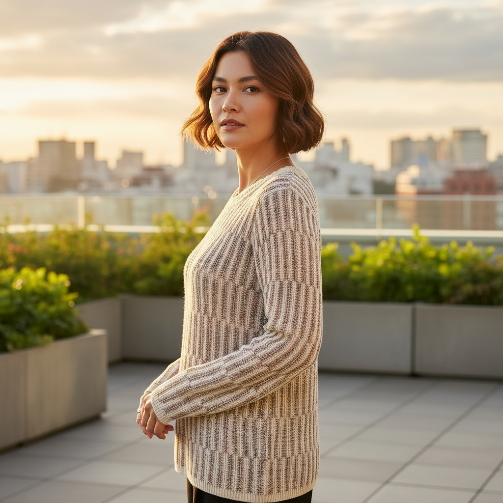 Woman wearing a beige sweater on a rooftop with cityscape in the background