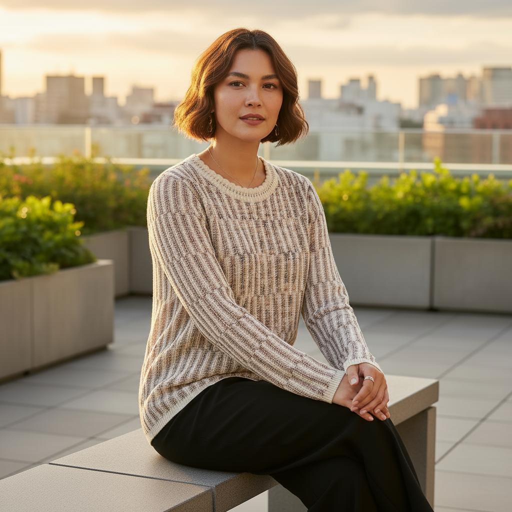 Woman sitting on a rooftop with a cityscape in the background