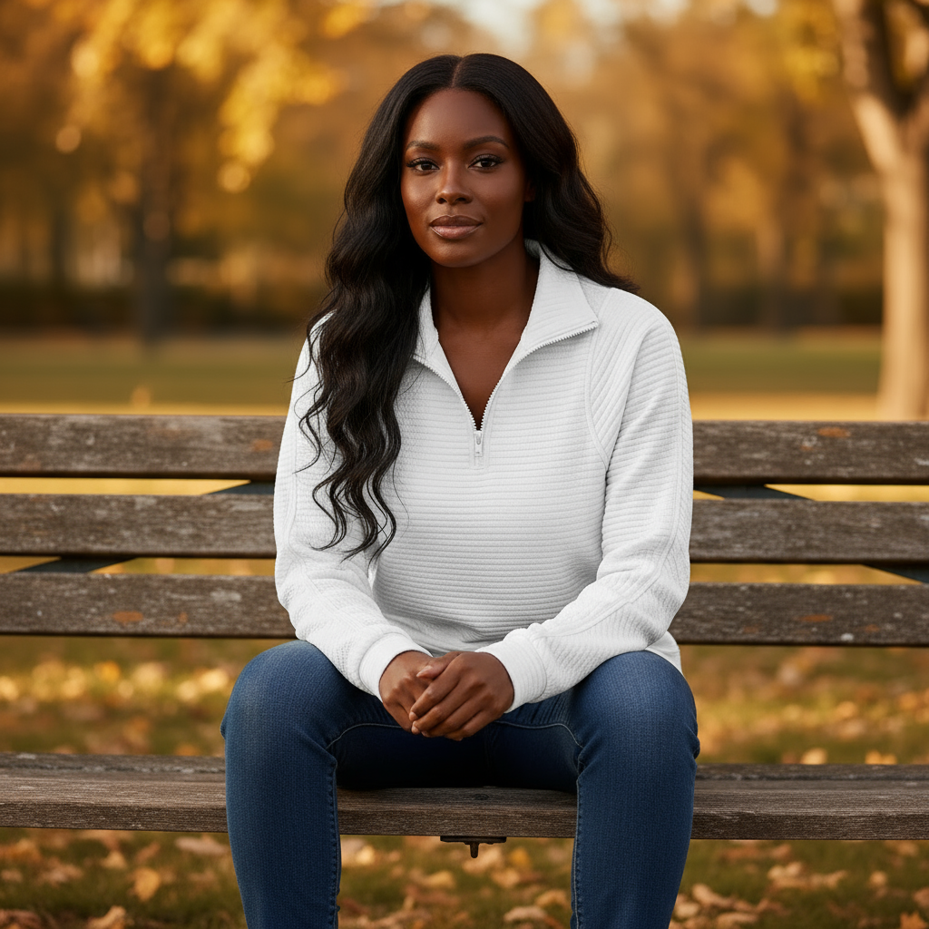 Woman sitting on a wooden bench in a park with blurred autumn trees in the background