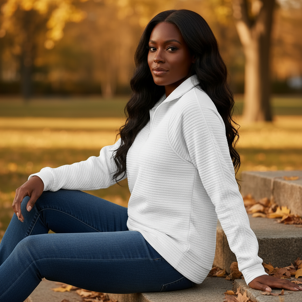 Woman sitting outdoors in a park wearing a white sweater and blue jeans.