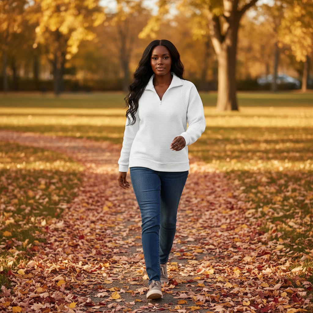 Woman walking on a path with autumn leaves and trees in the background