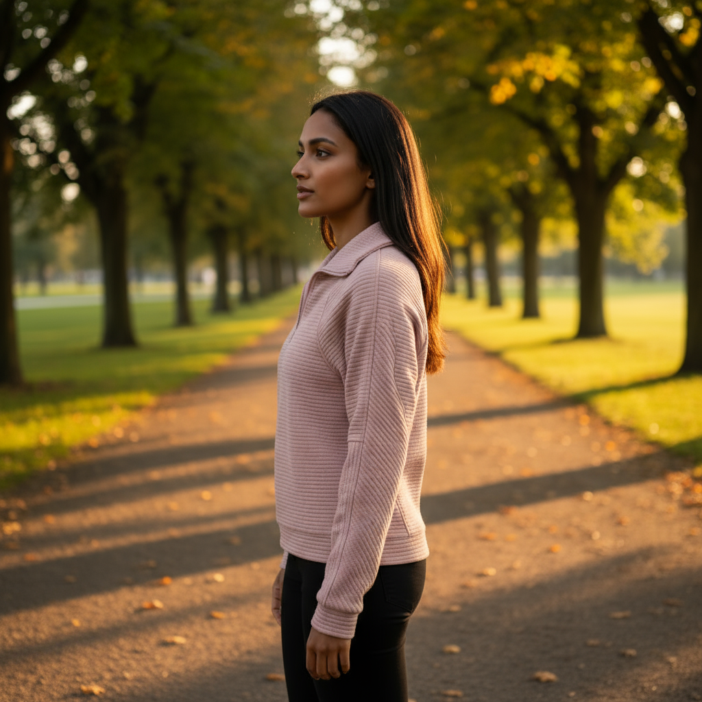 Woman standing on a path in a park with trees and grass in the background