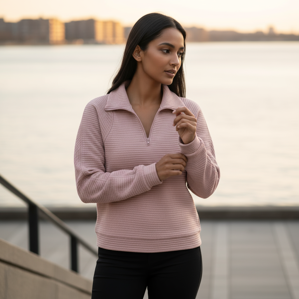 Woman wearing a pink pullover by a waterfront at sunset