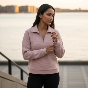 Woman wearing a pink pullover by a waterfront at sunset