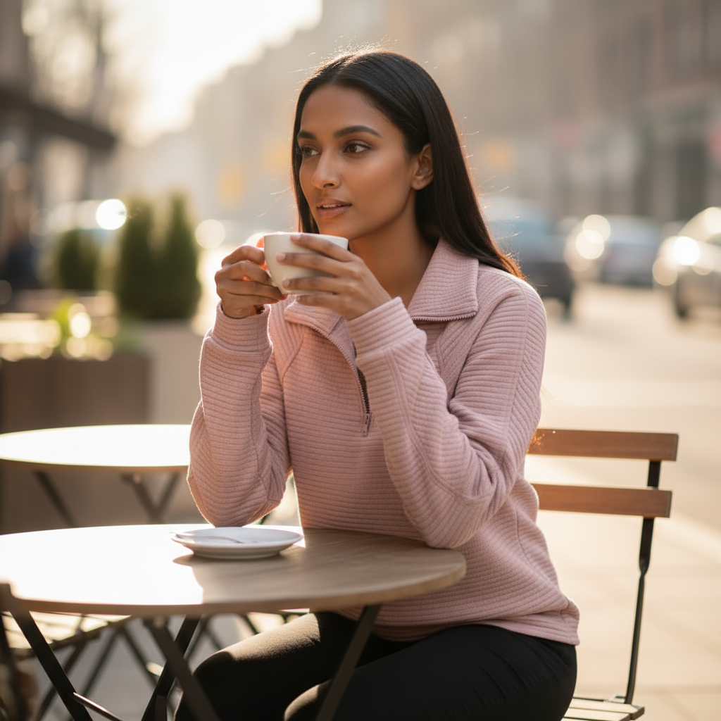 Woman in a pink sweater holding a coffee cup outdoors.