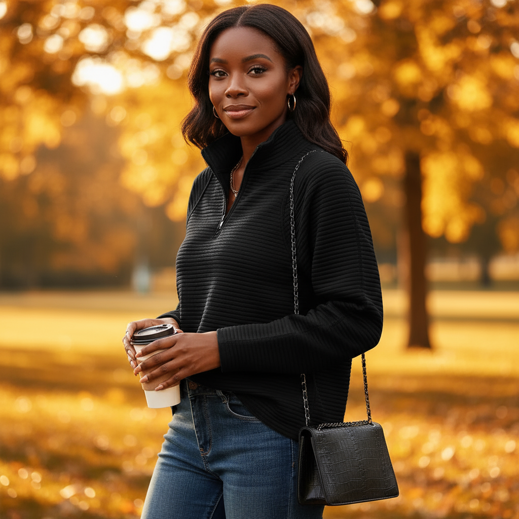 Woman holding a coffee cup and a handbag in an autumn park setting
