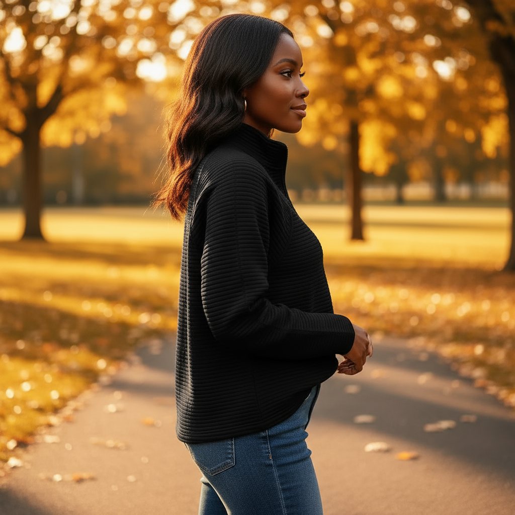 Woman in a black sweater and blue jeans standing in a park with autumn trees.