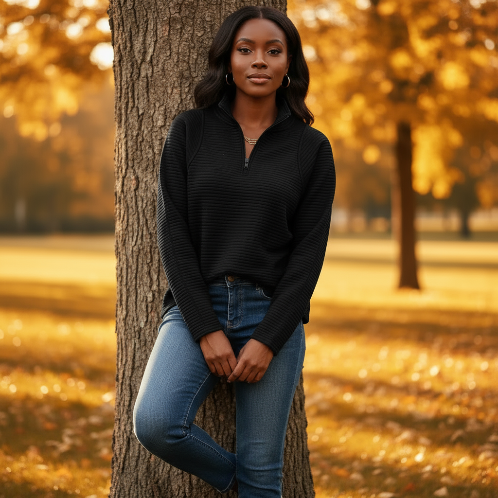 Woman in a black sweater and blue jeans leaning against a tree in an autumn setting
