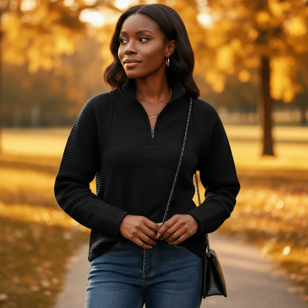 Woman in a black sweater and blue jeans standing in an autumn park.