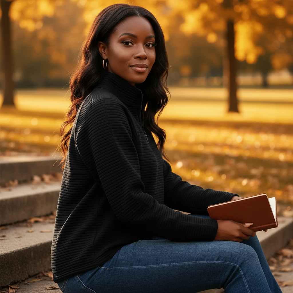 Woman sitting on steps in a park with autumn leaves