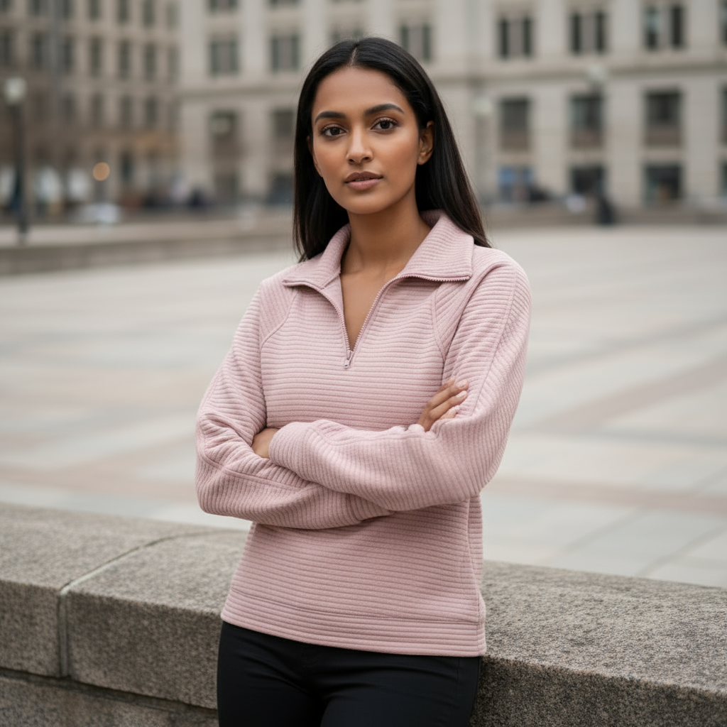Woman wearing a pink sweater standing in an urban setting