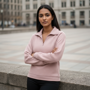 Woman wearing a pink sweater standing in an urban setting