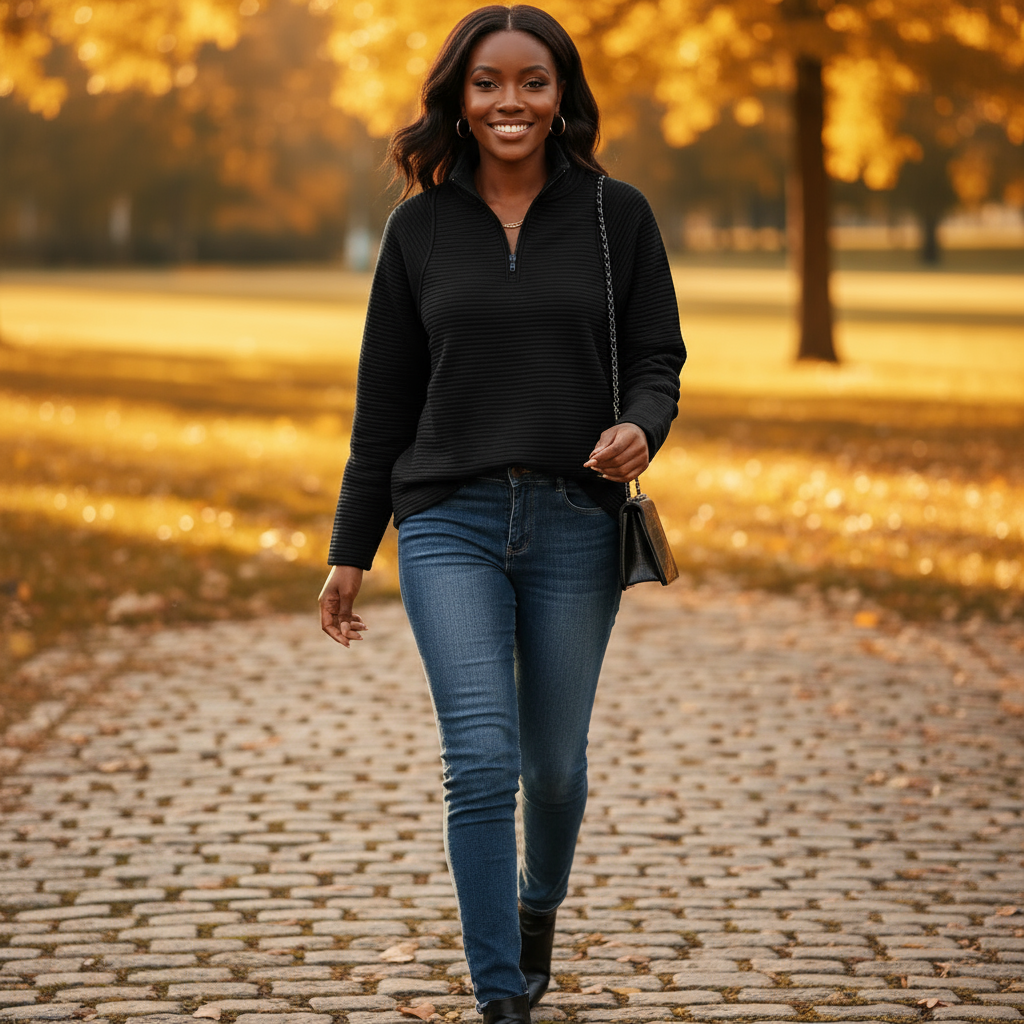 Woman walking on a brick path with trees in the background
