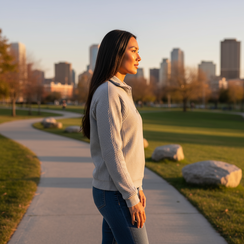 Woman standing on a path in a park with a city skyline in the background