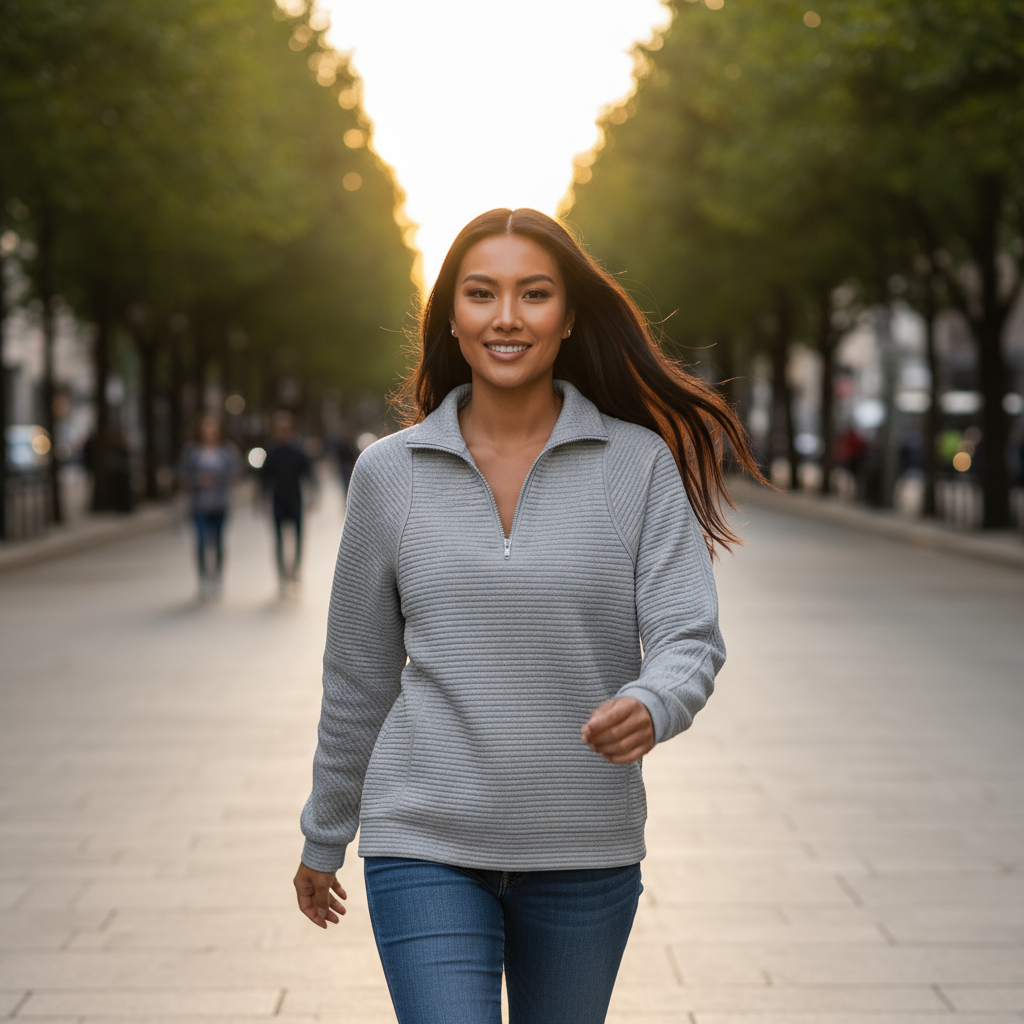 Woman walking on a tree-lined street wearing a gray sweater and blue jeans.
