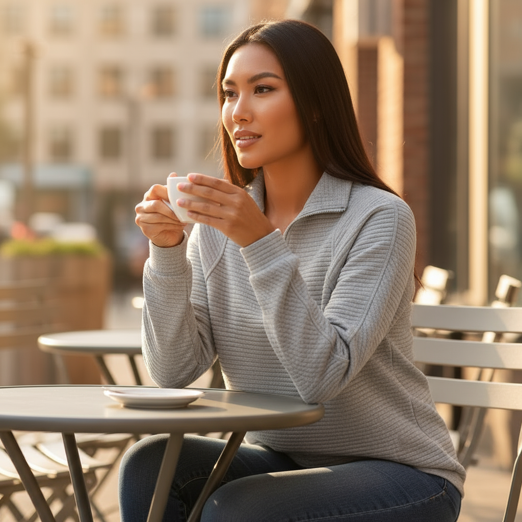 Woman sitting at an outdoor cafe holding a cup