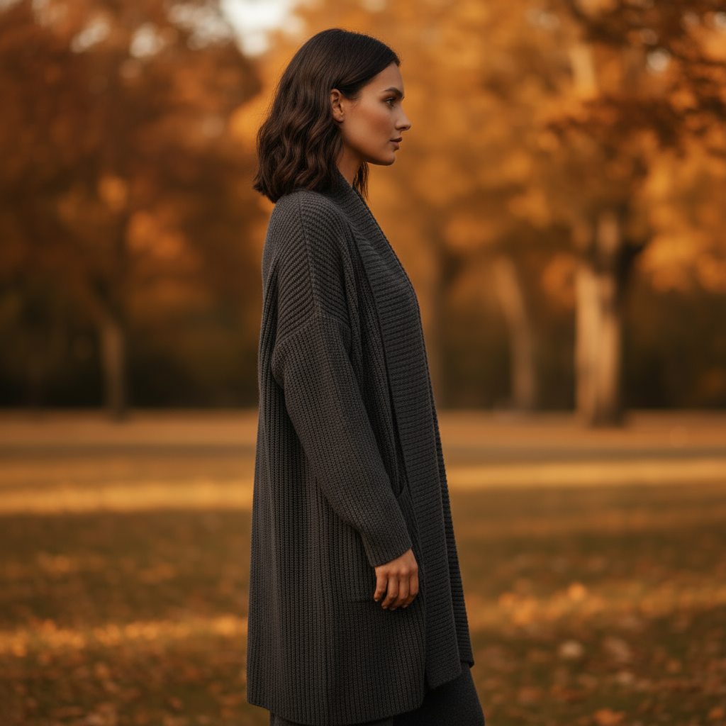 Woman in a long dark coat standing in an autumnal park with trees and grass in the background.