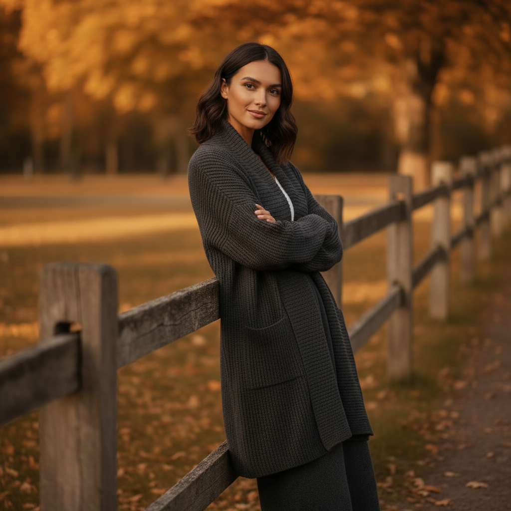 Woman in a long dark coat standing by a wooden fence in an autumn setting