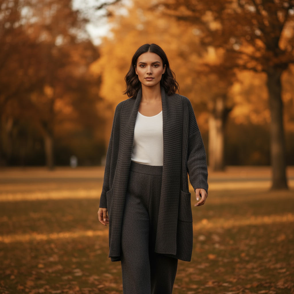 Woman standing in a park with autumn foliage