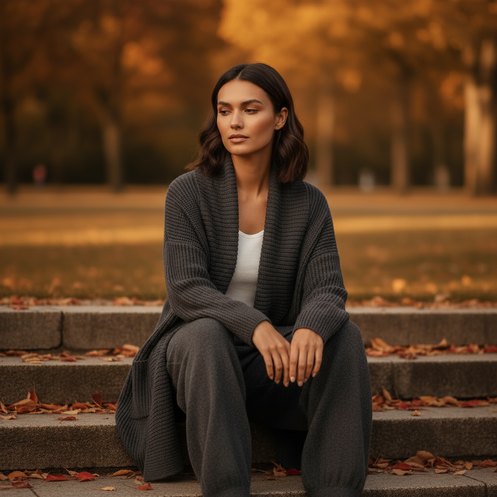 Woman sitting on steps in a park with autumn leaves and trees in the background