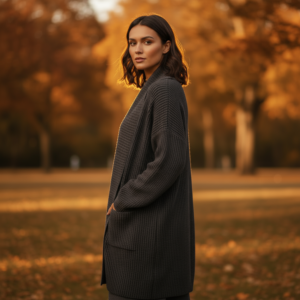 Woman wearing a dark coat standing in an autumn park with trees in the background.