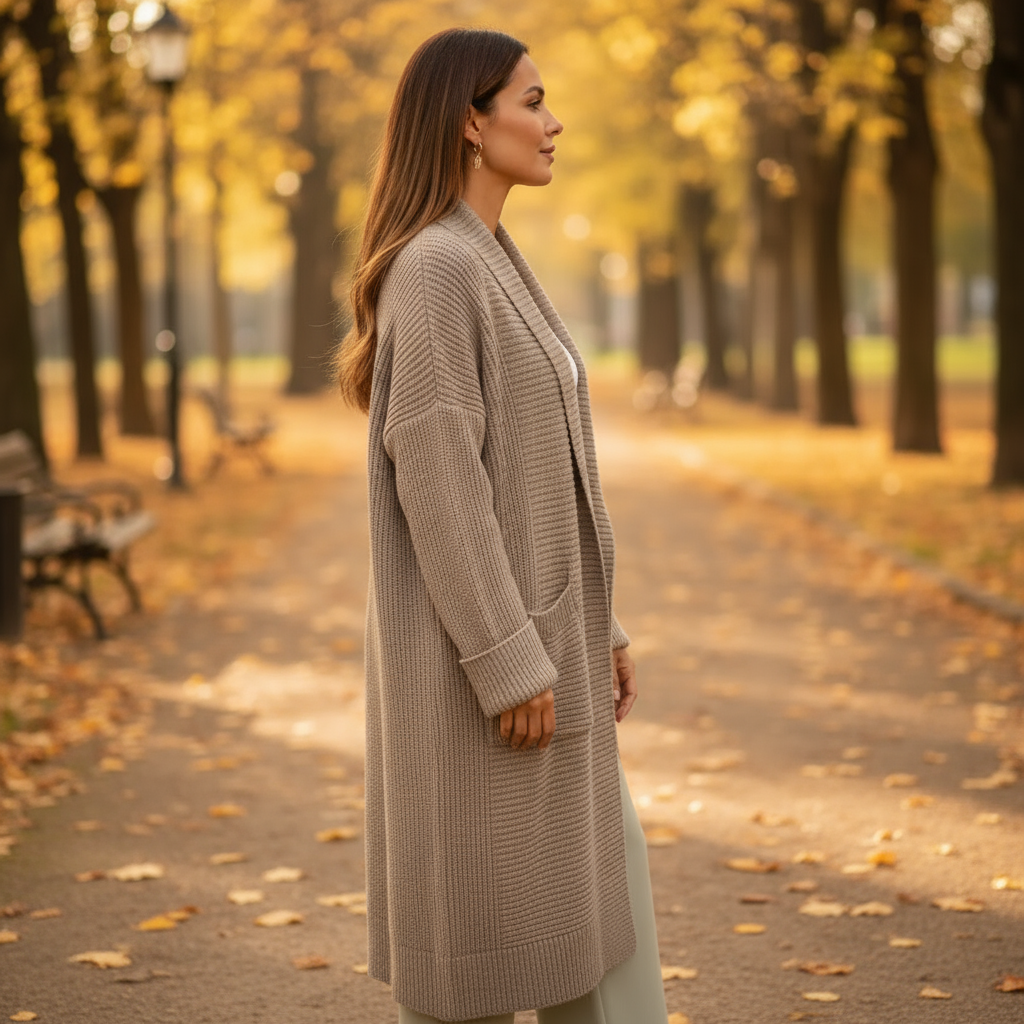 Woman in a long coat walking in an autumn park with trees and fallen leaves.