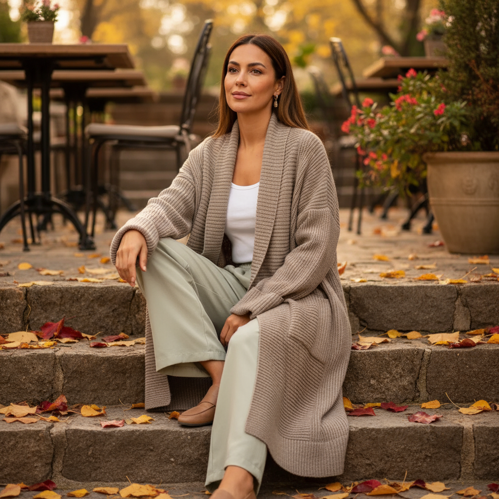 Woman sitting on stone steps outdoors with autumn leaves and a casual setting.