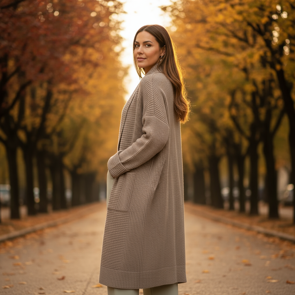 Woman in a long beige coat standing on a tree-lined street during autumn.