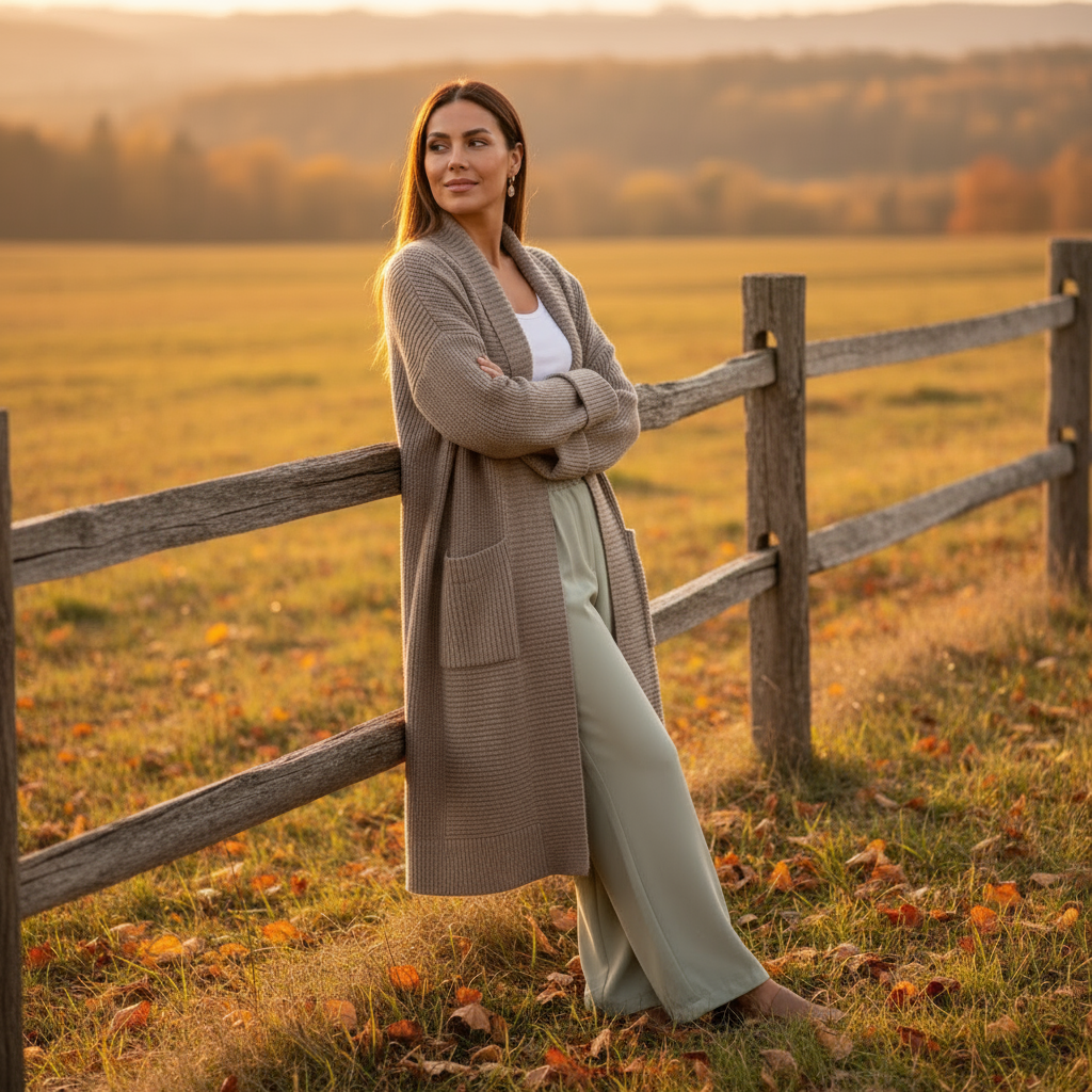 Woman standing by a wooden fence in a field during sunset