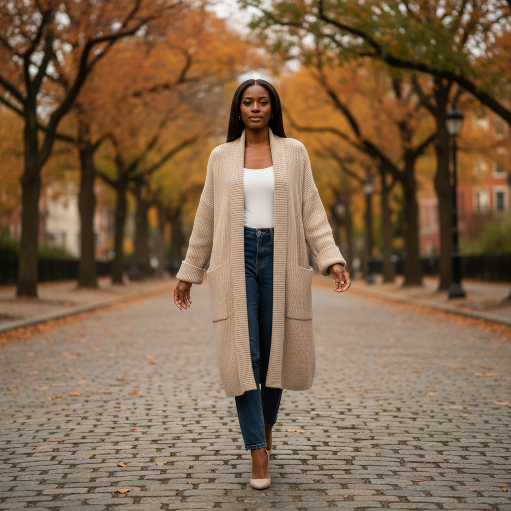 Woman walking on a cobblestone path lined with trees with autumn foliage.