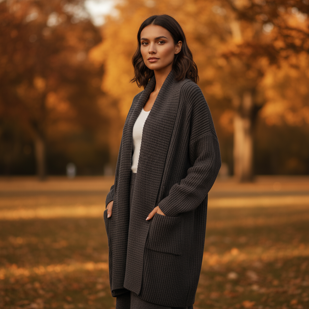 Woman wearing a long dark gray cardigan in an autumn setting