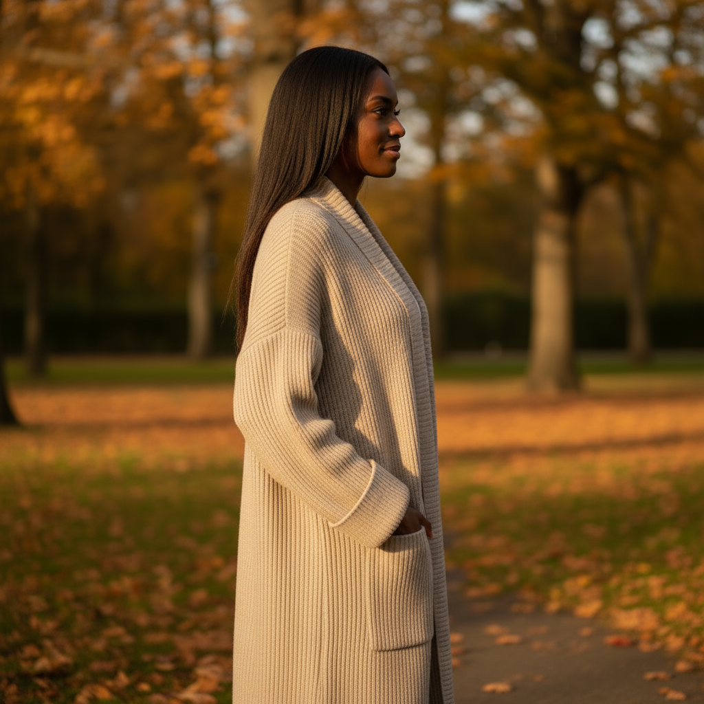 Woman in a long beige coat standing in a park with autumn leaves and trees.
