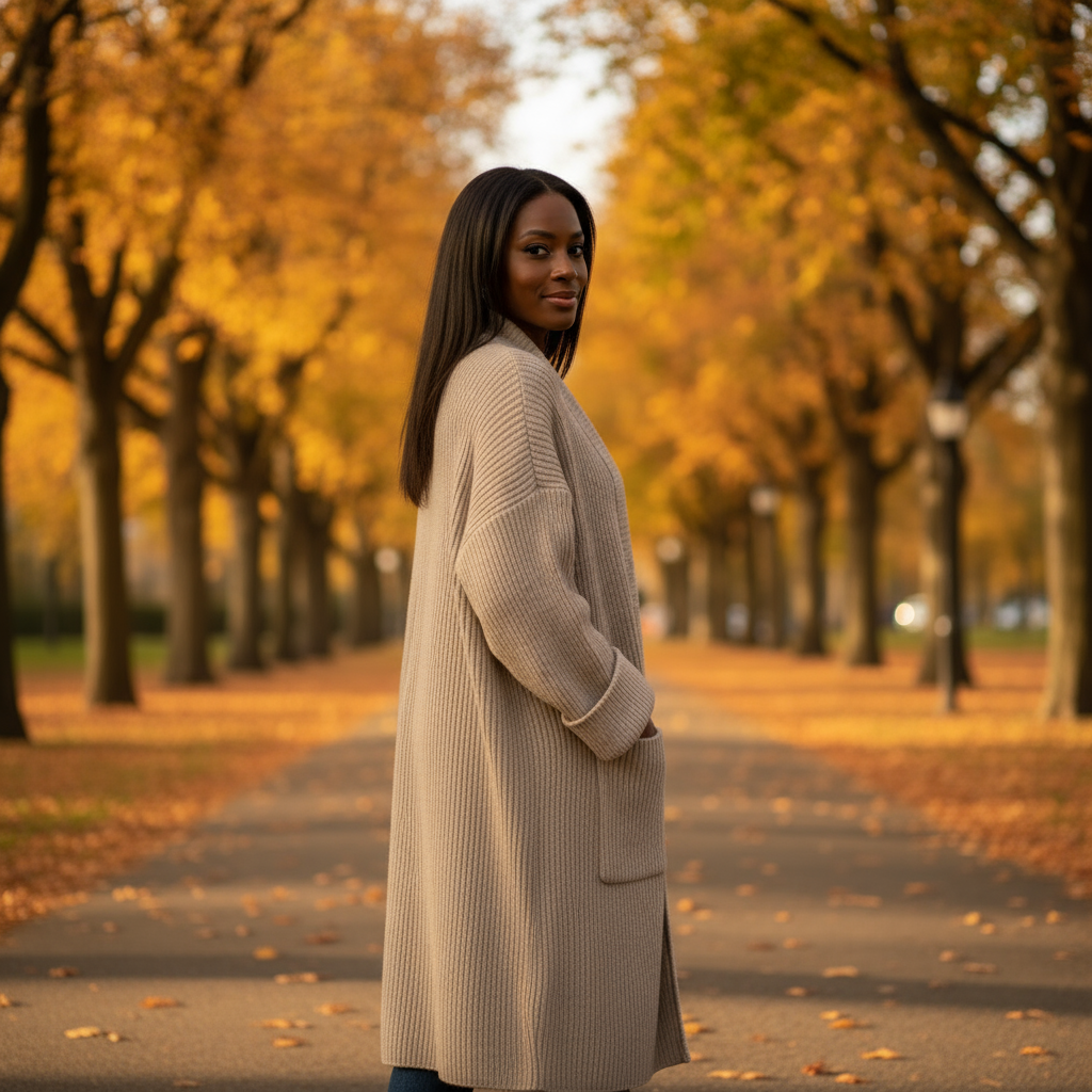 Woman in a beige coat standing in an autumn park with trees and fallen leaves.