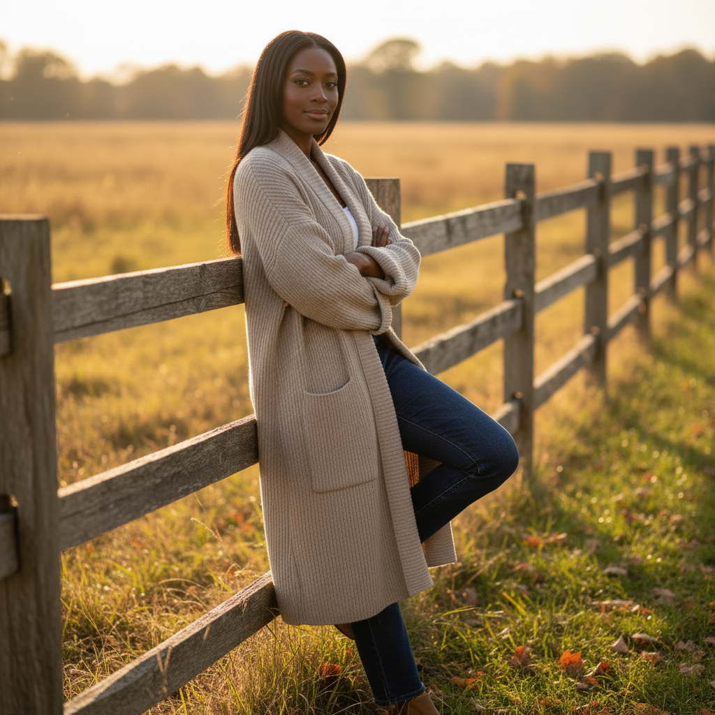 Woman in a long beige coat standing by a wooden fence in a field at sunset.