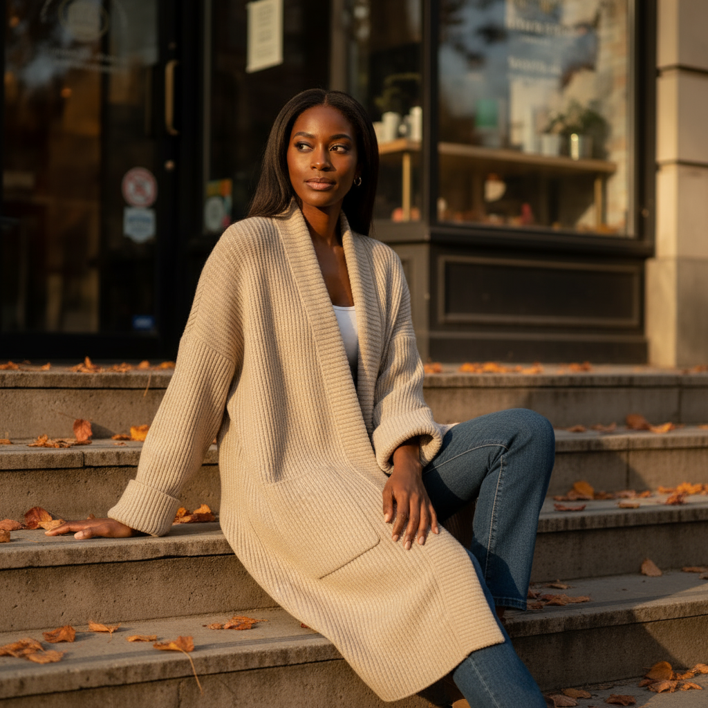 Woman sitting on steps wearing a beige cardigan and blue jeans, surrounded by autumn leaves.