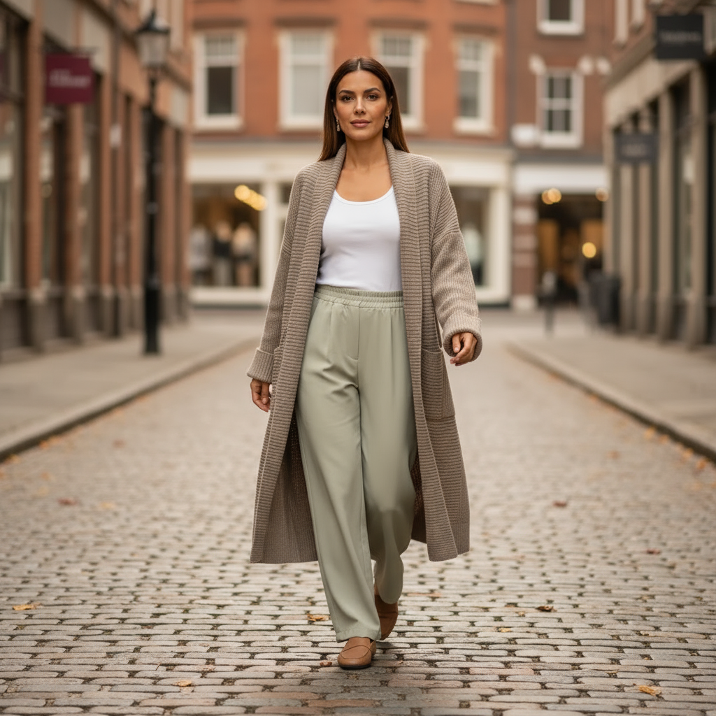 Woman walking on a cobblestone street wearing a long beige coat, white top, and light green pants.