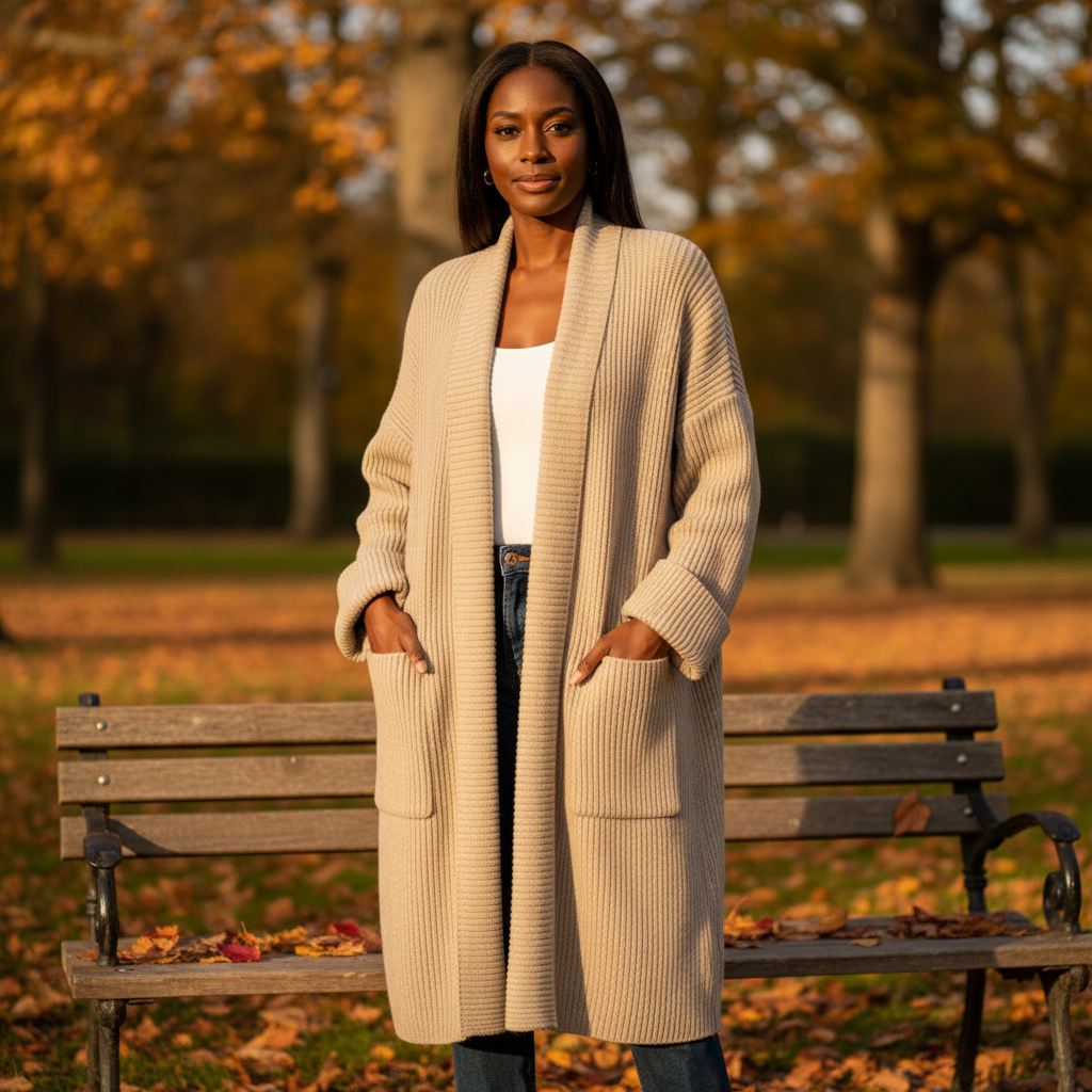 Woman wearing a long beige cardigan in an autumn park setting