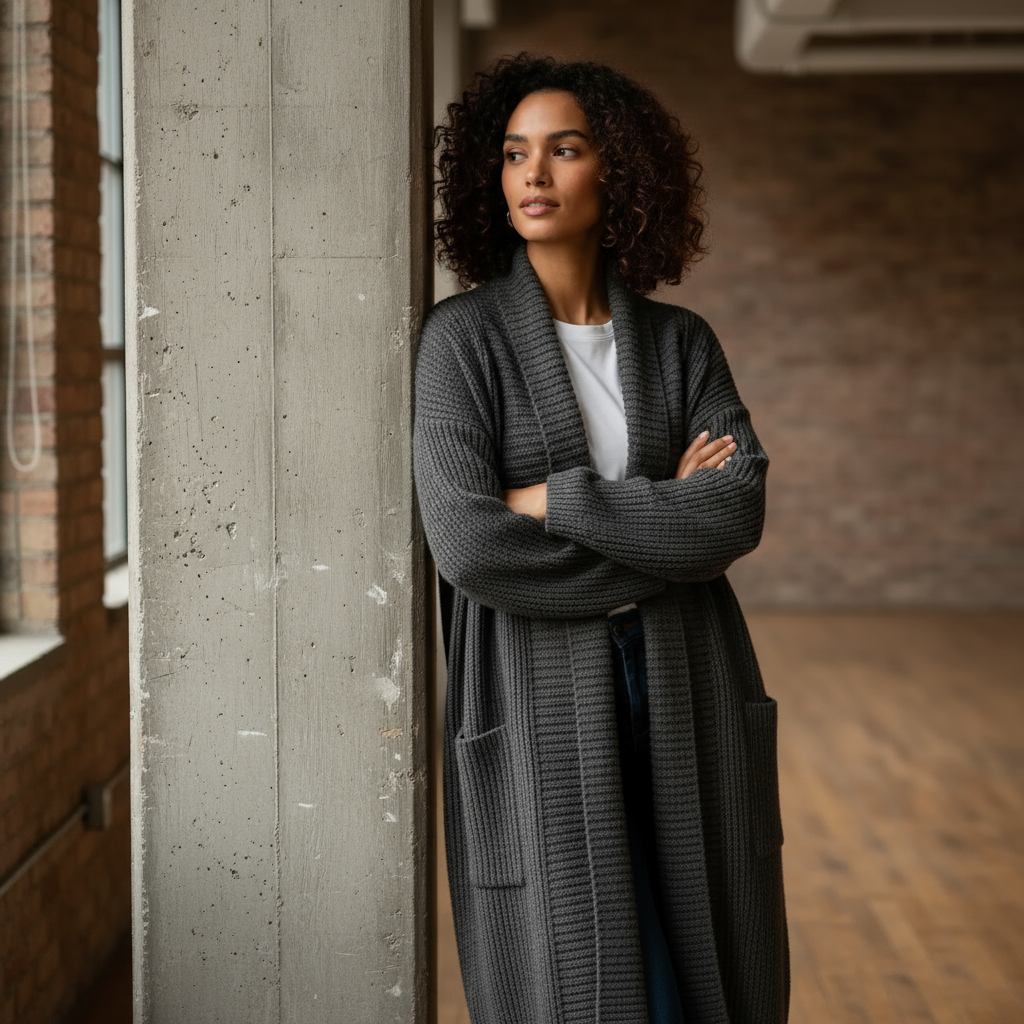 Woman wearing a long dark gray cardigan standing against a concrete wall.