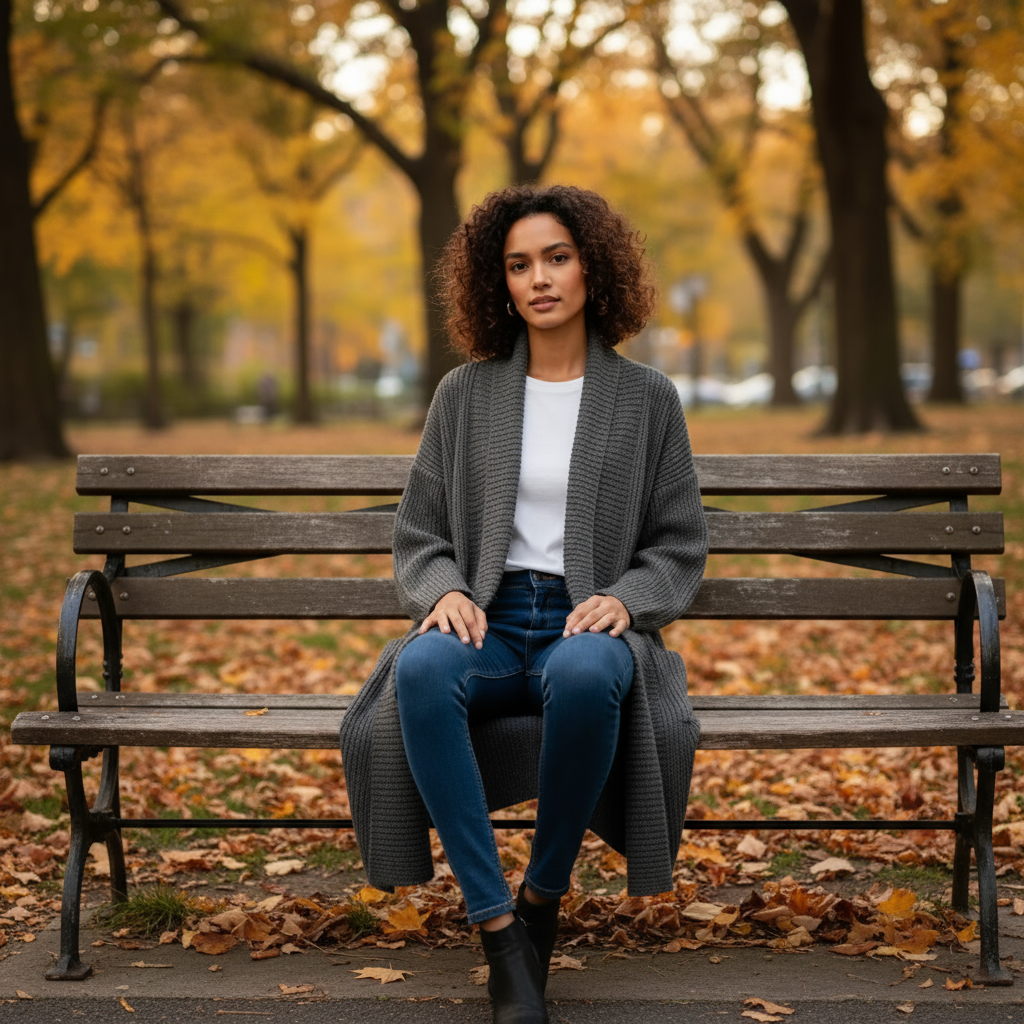 Woman sitting on a bench in a park with autumn leaves