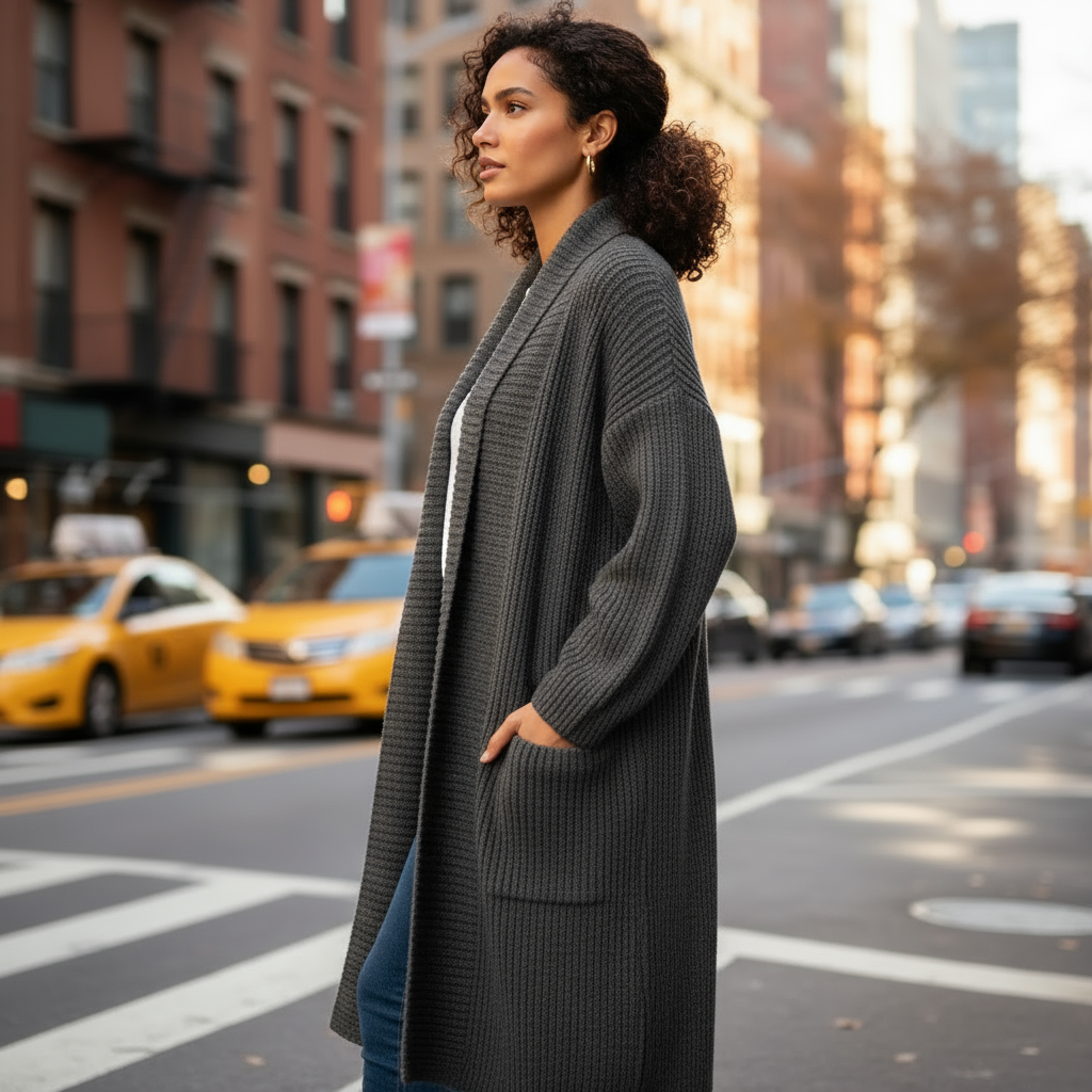 Woman in a long gray cardigan standing on a city street with blurred background